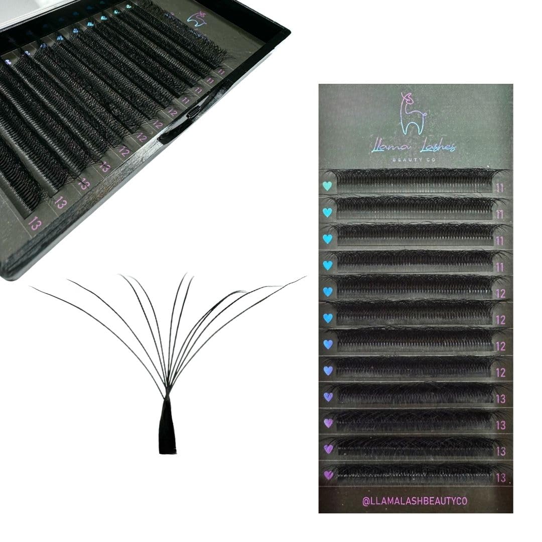 LLama Lashes Flofans – Pre-Made Volume Lash Fans | Easy Fan, Auto-Fanning, W Lash Style | 3D, 6D, 10D, XL10D | Mixed Length Lash Extensions in Black & Brown