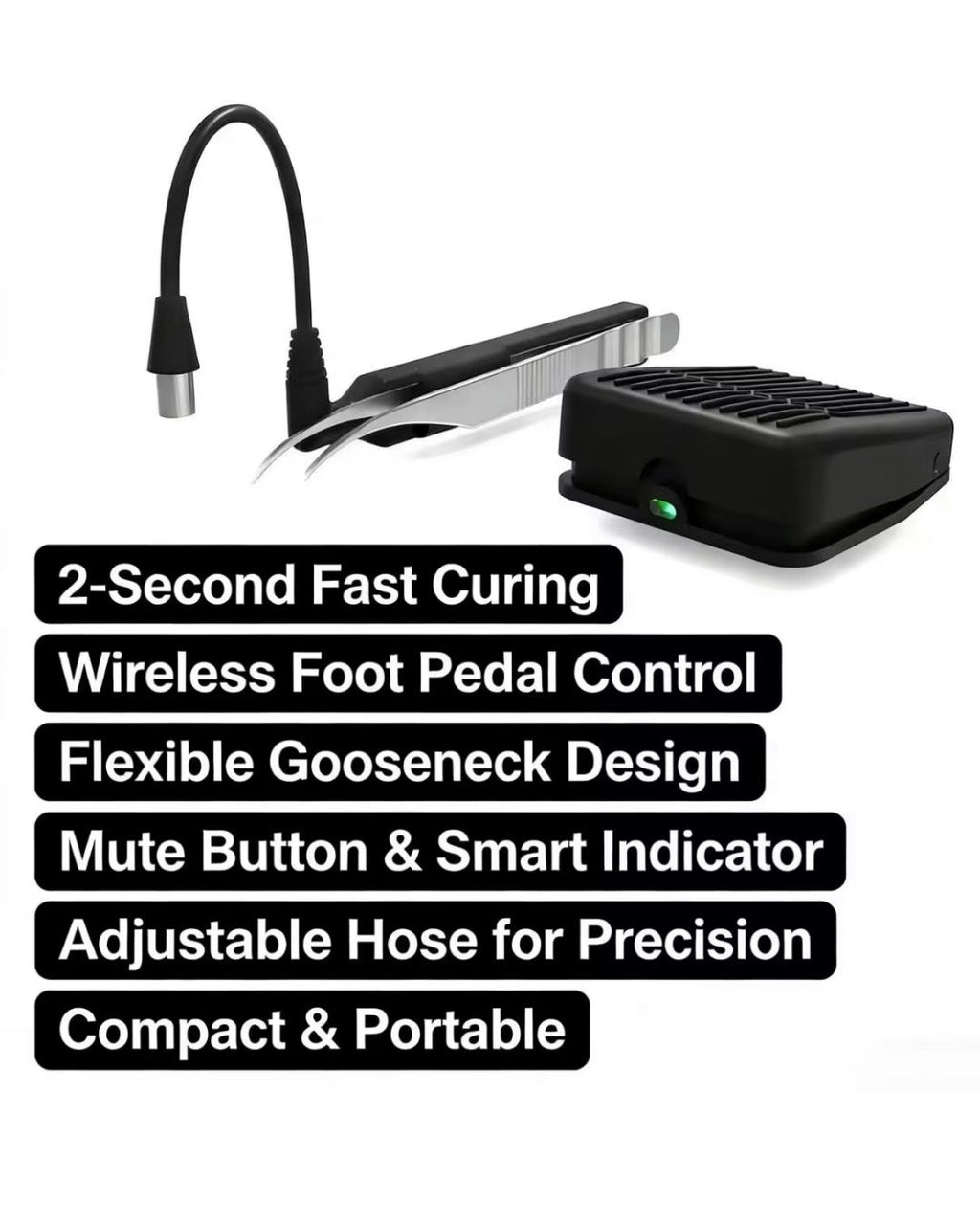 Professional UV Lash Extension Tweezer System with Wireless Foot Pedal – 2 Second Fast Curing LED Light, Flexible Gooseneck, Rechargeable UV Glue Curing Lamp for Eyelash Extensions (Pro Use Only)