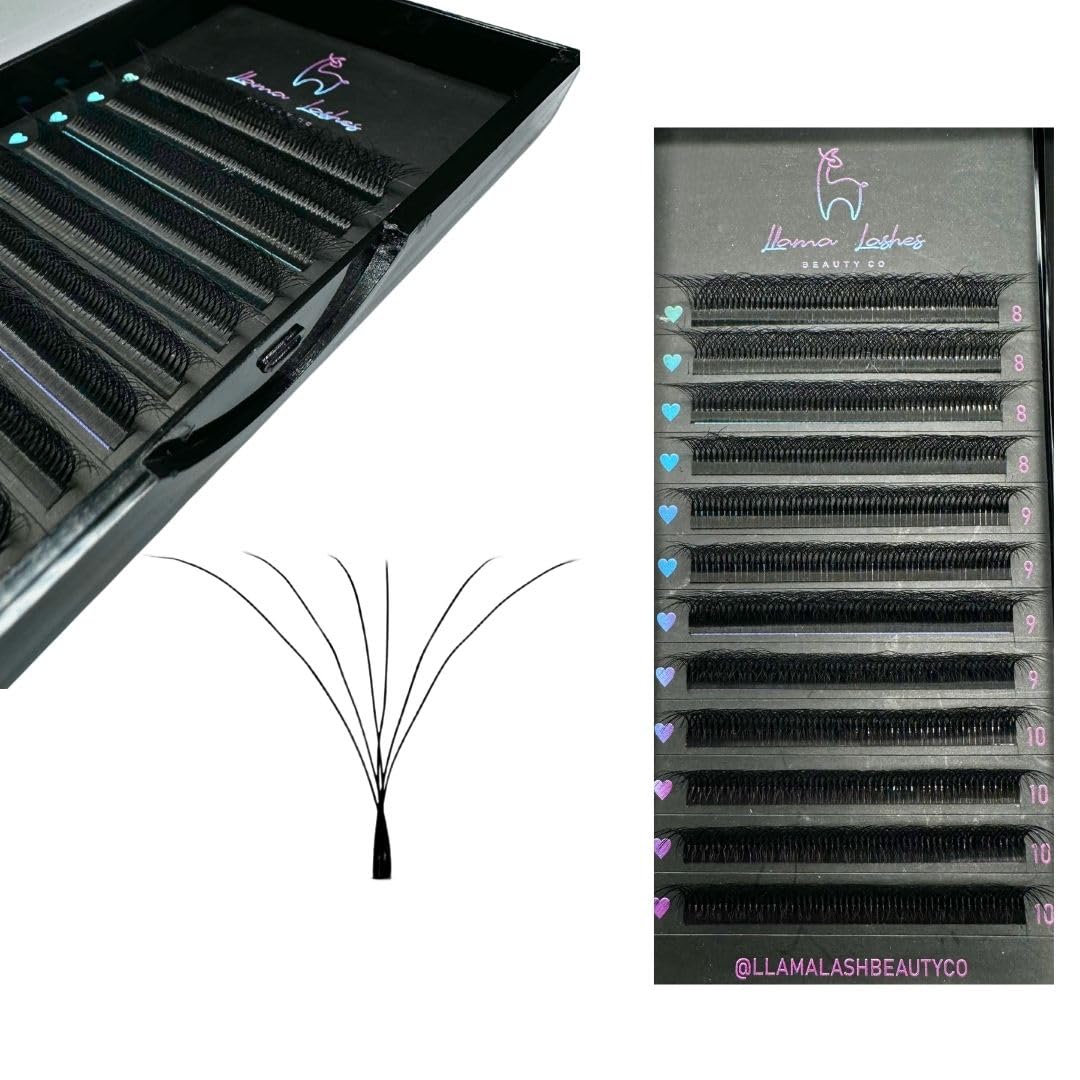 LLama Lashes Flofans – Pre-Made Volume Lash Fans | Easy Fan, Auto-Fanning, W Lash Style | 3D, 6D, 10D, XL10D | Mixed Length Lash Extensions in Black & Brown