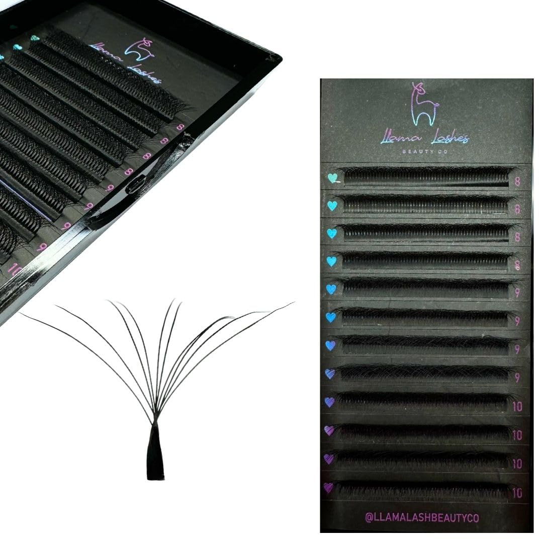 LLama Lashes Flofans – Pre-Made Volume Lash Fans | Easy Fan, Auto-Fanning, W Lash Style | 3D, 6D, 10D, XL10D | Mixed Length Lash Extensions in Black & Brown