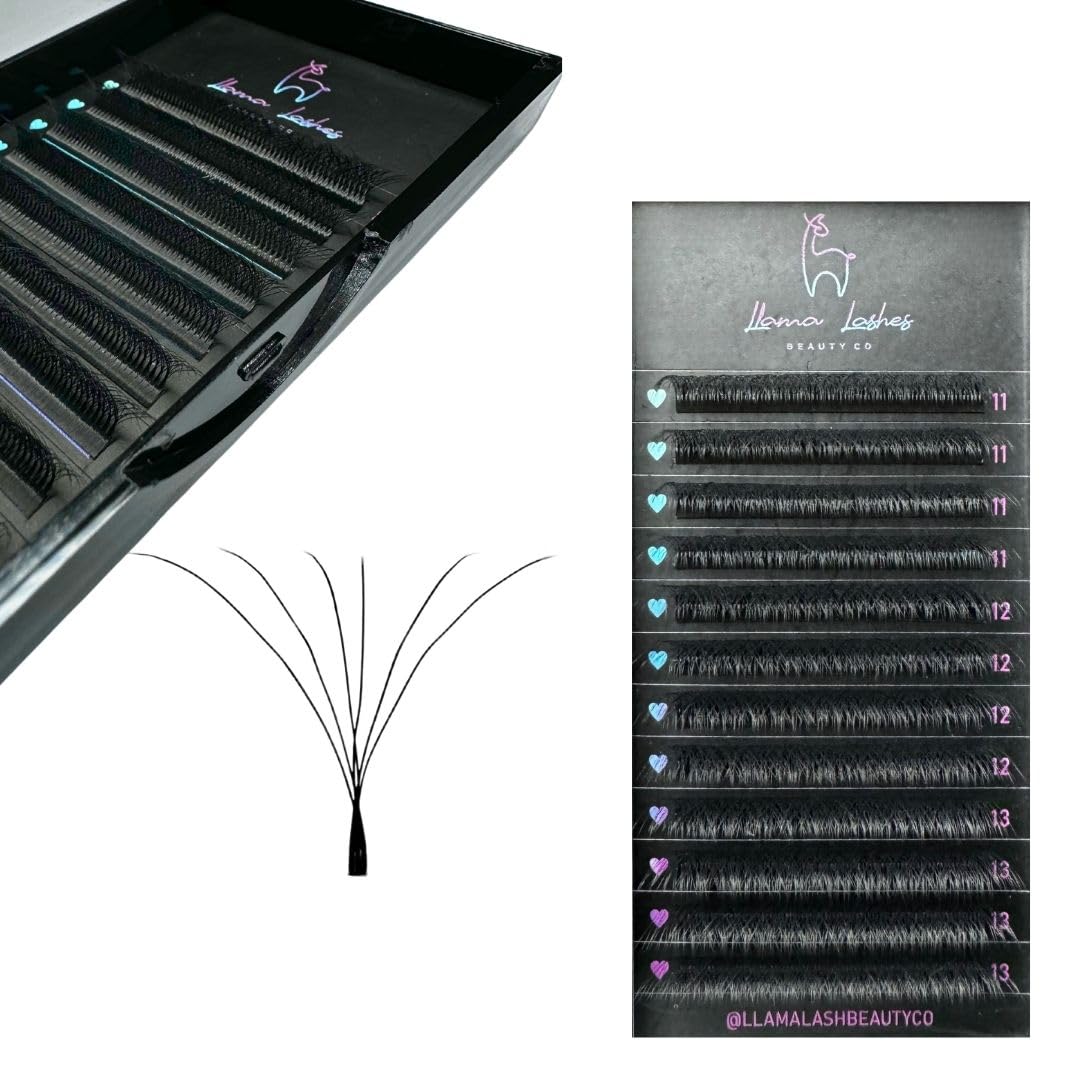LLama Lashes Flofans – Pre-Made Volume Lash Fans | Easy Fan, Auto-Fanning, W Lash Style | 3D, 6D, 10D, XL10D | Mixed Length Lash Extensions in Black & Brown