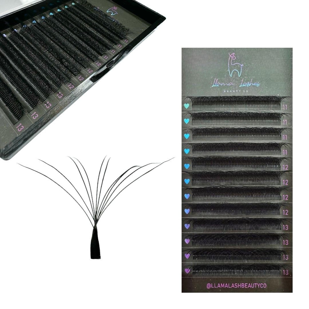 LLama Lashes Flofans – Pre-Made Volume Lash Fans | Easy Fan, Auto-Fanning, W Lash Style | 3D, 6D, 10D, XL10D | Mixed Length Lash Extensions in Black & Brown